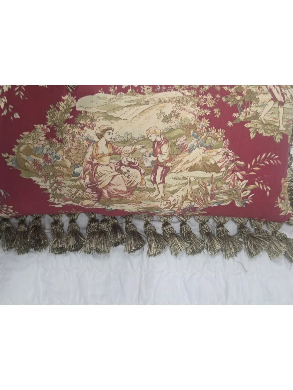 Wesley Hall 11 x 21 Fremont Red Pastorale Toile De Jouy Fringed Throw Pillow Vtg